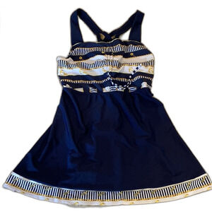 Modest Women’s Long Swimsuit Top Size 3XL Navy Blue Striped Swim Dress Top ONLY